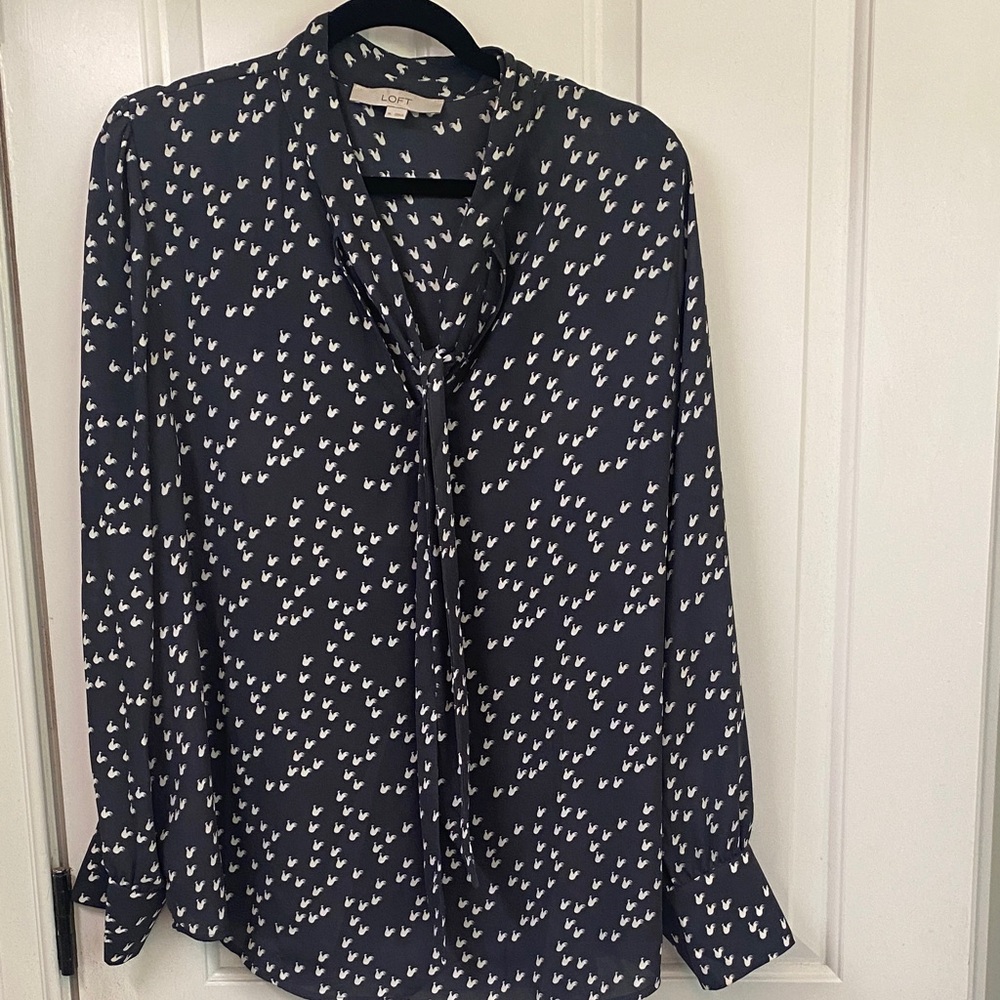 LOFT Dark Blue-Gray Tie-neck Blouse with White Pattern